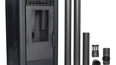 Pachet Semineu soba pe peleti cu aer cald, Fornello Sophia Premium 11 kw, aprindere electrica, tiraj fortat, telecomanda, culoare Black, recomandat pentru 110 mp, focar din fonta, capacitate buncar 22 kg, Kit evacuare 2.5 ml
