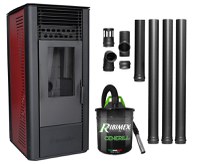 Pachet Semineu soba pe peleti cu tiraj fortat Fornello Sophia Premium 11 kw, aprindere electrica, telecomanda, culoare Bordeaux, recomandat pentru 110 mp, focar din fonta, capacitate buncar 22 kg, Kit Evacuare 3.5 ml si Aspirator cenusa - 1