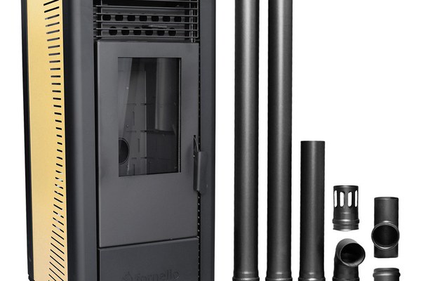 Pachet Semineu soba pe peleti cu tiraj fortat Fornello Sophia Premium 11 kw, aprindere electrica, telecomanda, culoare Ivory, recomandat pentru 110 mp, focar din fonta, capacitate buncar 22 kg, Kit Evacuare 2.5 ml