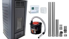 Pachet Termosemineu centrala pe peleti Fornello Premium W22, 22 kw, culoare Black, complet echipat cu kit evacuare 2.5 ml, Termostat Radio Comanda Computherm Q3 RF, Aspirator Cenusa, suprafata incalzita pana la 150 mp