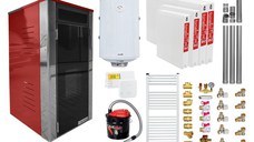 Pachet Termoșemineu Fornello Primo Truva 25 kW Bordeaux, pompa de circulatie, vas de expansiune, supape de siguranta, curatare mecanica creuzet, Calorifere, Boiler 100 l, kit evacuare 3.5 ml, Termostat Radio Comanda Salus 091FLRFV2, Aspirator Cenusa