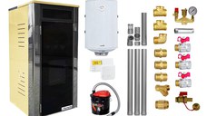 Pachet Termoșemineu Fornello Primo Truva 25 kW Ivory, pompa de circulatie, vas de expansiune, supape de siguranta, curatare mecanica creuzet, Boiler 100 l, kit evacuare 3.5 ml, Termostat Salus 091FLRFV2, Aspirator Cenusa si fitinguri