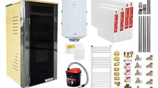 Pachet Termoșemineu Fornello Primo Truva 25 kW Ivory, pompa de circulatie, vas de expansiune, supape de siguranta, curatare mecanica creuzet, Calorifere, Boiler 100 l, kit evacuare 3.5 ml, Termostat Salus 091FLRFV2, Aspirator Cenusa si fitinguri