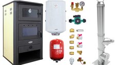 Pachet Termosemineu pe lemne, brichete si carbune Fornello MILANO E, 24 KW, cuptor, Ivory, 580x560x1060 mm, cos inox, boiler termoelectric 100l, vas expansiune, pompa circulatie si kit montaj