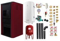 Pachet Termosemineu pe lemne, brichete si carbune Fornello Monza Bordeaux 27 kW, Boiler Termoelectric, Vas Expansune, Pompa, Kit evacuare si Fitinguri Montaj - 1