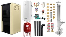 Pachet Termosemineu pe lemne, brichete si carbune Fornello Monza Ivory 27 kW, Cos inox, Kit evacuare interior, Boiler Termoelectric, Vas Expansune, Pompa si Fitinguri Montaj 