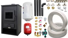 Pachet Termosemineu pe lemne, brichete si carbune Fornello PADOVA E, 19.4 kW, 510x500x910 mm, boiler termoelectric 80l, teava, vas expansiune, pompa circulare, kit evacuare si fitinguri