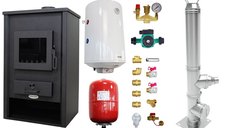 Pachet Termosemineu pe lemne, brichete si carbune Fornello Padova E, 19.4 kW, 510x500x910 mm, cos inox, boiler termoelectric 80l, vas expansiune, pompa circulare si kit montaj