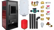 Pachet Termosemineu pe lemne, brichete si carbune Fornello Roma E, Bordeaux, 22 kW, 49x45x103 cm, boiler termoelectric 100l, vas expansiune, pompa circulatie, kit evacuare si kit montaj