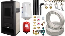 Pachet Termosemineu pe lemne, brichete si carbune Fornello Roma E, Ivory, 22 kW, 49x45x103 cm, boiler termoelectric 100l, teava, vas expansiune, pompa circulatie, kit evacuare si fitinguri