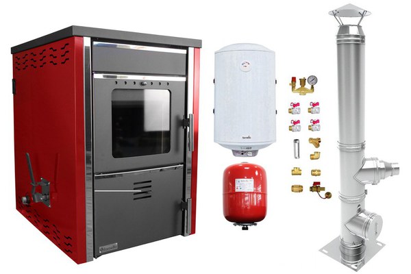 Pachet Termosemineu pe lemne FORNELLO TOROS 29 kw Bordeaux pe combustibil solid ( lemn,carbune,bricheti ), boiler termoelectric 100l, vas expansiune, kit montaj si cos inox