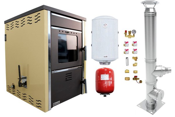 Pachet Termosemineu pe lemne FORNELLO TOROS 29 kw Ivory pe combustibil solid ( lemn,carbune,bricheti ), boiler termoelectric 100l, vas expansiune, kit montaj si cos inox