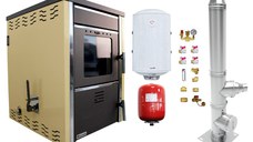 Pachet Termosemineu pe lemne FORNELLO TOROS 29 kw Ivory pe combustibil solid ( lemn,carbune,bricheti ), boiler termoelectric 100l, vas expansiune, kit montaj si cos inox