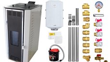 Pachet Termosemineu pe peleti Fornello Camino Rossi 25 kW, pompa Grundfos, vas expansiune, arzator inox, alb, A+,Kit evacuare 3.5 ml, Boiler Termoelectric Fornello 100 l, Termostat Salus 091FLRFV2, Aspirator, si Kit montaj