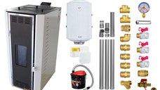 Pachet Termosemineu pe peleti Fornello Camino Rossi 25 kW, pompa Grundfos, vas expansiune, arzator inox, alb, A+,Kit evacuare 3.5 ml, Boiler Termoelectric Fornello 100 l, Termostat Salus 091FLRFV2, Aspirator, si Kit montaj