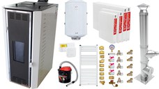 Pachet Termosemineu pe peleti Fornello Camino Rossi 35 kW, pompa Grundfos, vas expansiune, arzator inox, Boiler Fornello Termoelectric 100 l, termostat, aspirator cenusa, cos inox 4 ml, calorifere si fitinguri montaj