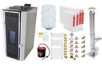 Pachet Termosemineu pe peleti Fornello Camino Rossi 35 kW, pompa Grundfos, vas expansiune, arzator inox, Boiler Fornello Termoelectric 100 l, termostat, aspirator cenusa, cos inox 4 ml, calorifere si fitinguri montaj - 1