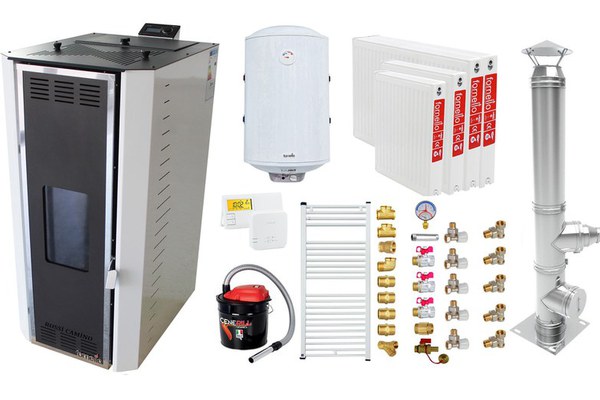 Pachet Termosemineu pe peleti Fornello Camino Rossi 35 kW, pompa Grundfos, vas expansiune, arzator inox, Boiler Fornello Termoelectric 100 l, termostat, aspirator cenusa, cos inox 4 ml, calorifere si fitinguri montaj