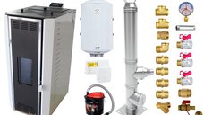 Pachet Termosemineu pe peleti Fornello Camino Rossi 35 kW, pompa Grundfos, vas expansiune, arzator inox, Boiler Fornello Termoelectric 100 l, termostat, aspirator cenusa, cos inox 4 ml si fitinguri montaj