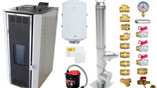 Pachet Termosemineu pe peleti Fornello Camino Rossi 35 kW, pompa Grundfos, vas expansiune, arzator inox, Boiler Fornello Termoelectric 100 l, termostat, aspirator cenusa, cos inox 4 ml si fitinguri montaj