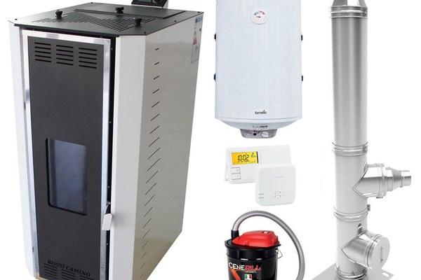 Pachet Termosemineu pe peleti Fornello Camino Rossi 35 kW, pompa Grundfos, vas expansiune, arzator inox, Boiler Fornello Termoelectric 100 l, termostat, aspirator cenusa si cos inox 4 ml