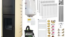 Pachet Termosemineu pe peleti Fornello Michelle 12 kW, echipat cu pompa, vas expansiune, automatizare, Calorifere aluminiu, Boiler, kit evacuare 3.5 ml, Aspirator Cenusa, Termostat Salus 091FLRFV2 si Fitinguri