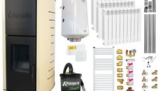 Pachet Termosemineu pe peleti Fornello Michelle 12 kW, echipat cu pompa, vas expansiune, automatizare, Calorifere aluminiu, Boiler, kit evacuare 3.5 ml, Aspirator Cenusa, Termostat Salus 091FLRFV2 si Fitinguri