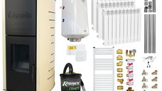 Pachet Termosemineu pe peleti Fornello Michelle 12 kW, echipat cu pompa, vas expansiune, automatizare, Calorifere aluminiu, Boiler, kit evacuare 3.5 ml, Aspirator Cenusa, Termostat Salus 091FLRFV2 si Fitinguri