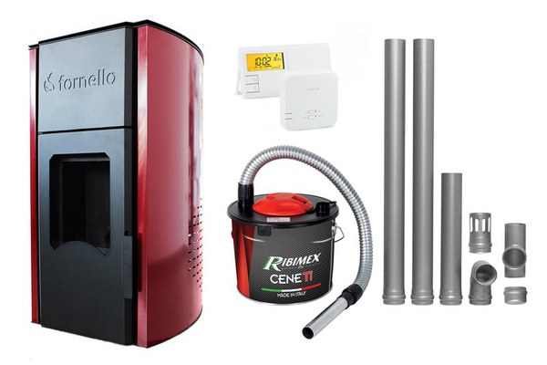 Pachet Termosemineu pe peleti Fornello Royal Bordeaux 25 kW, complet echipat cu pompa, vas expansiune, automatizare, culoare grena, kit evacuare 2.5 ml, Termostat Radio Comanda Salus 091FLRFV2 si Aspirator Cenusa