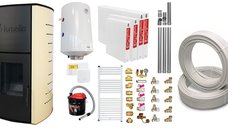 Pachet Termosemineu pe peleti Fornello Royal Ivory 18 kW, complet echipat cu pompa, teava hidronix, vas expansiune, automatizare, culoare crem, Boiler, kit evacuare 3.5 ml, Termostat Salus 091FLRFV2 Aspirator Cenusa, Calorifere si Fitinguri