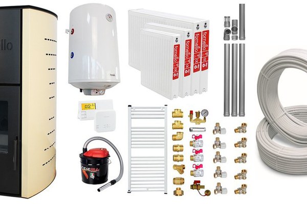 Pachet Termosemineu pe peleti Fornello Royal Ivory 18 kW, complet echipat cu pompa, teava hidronix, vas expansiune, automatizare, culoare crem, Boiler, kit evacuare 3.5 ml, Termostat Salus 091FLRFV2 Aspirator Cenusa, Calorifere si Fitinguri
