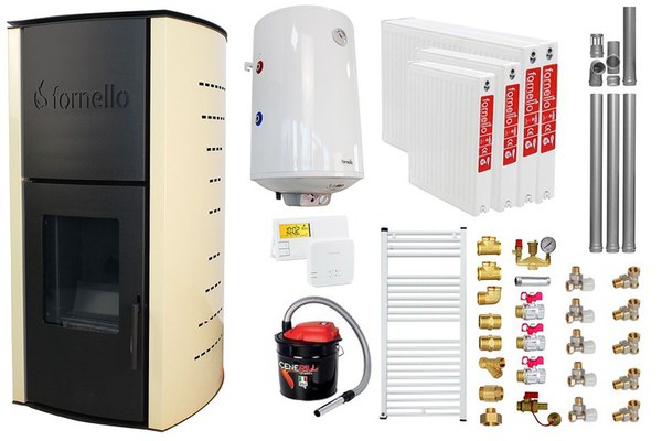 Pachet Termosemineu pe peleti Fornello Royal Ivory 18 kW, complet echipat cu pompa, vas expansiune, automatizare, culoare crem, Boiler, kit evacuare 3.5 ml, Termostat Salus 091FLRFV2 Aspirator Cenusa, Calorifere si Fitinguri