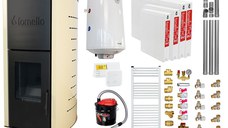 Pachet Termosemineu pe peleti Fornello Royal Ivory 18 kW, complet echipat cu pompa, vas expansiune, automatizare, culoare crem, Boiler, kit evacuare 3.5 ml, Termostat Salus 091FLRFV2 Aspirator Cenusa, Calorifere si Fitinguri