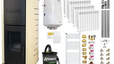 Pachet Termosemineu pe peleti Fornello Royal Ivory 18 kW, complet echipat cu pompa, vas expansiune, automatizare, culoare crem, Calorifere aluminiu, Boiler, kit evacuare 3.5 ml, Aspirator Cenusa, Termostat Salus 091FLRFV2 si Fitinguri