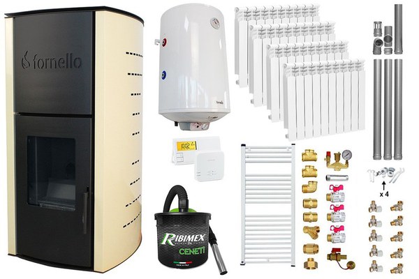 Pachet Termosemineu pe peleti Fornello Royal Ivory 18 kW, complet echipat cu pompa, vas expansiune, automatizare, culoare crem, Calorifere aluminiu, Boiler, kit evacuare 3.5 ml, Aspirator Cenusa, Termostat Salus 091FLRFV2 si Fitinguri
