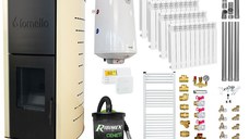 Pachet Termosemineu pe peleti Fornello Royal Ivory 18 kW, complet echipat cu pompa, vas expansiune, automatizare, culoare crem, Calorifere aluminiu, Boiler, kit evacuare 3.5 ml, Aspirator Cenusa, Termostat Salus 091FLRFV2 si Fitinguri