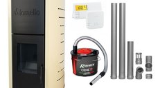 Pachet Termosemineu pe peleti Fornello Royal Ivory 18 kW, complet echipat cu pompa, vas expansiune, automatizare, culoare crem, kit evacuare 2.5 ml, Termostat Radio Comanda Salus 091FLRFV2 si Aspirator Cenusa