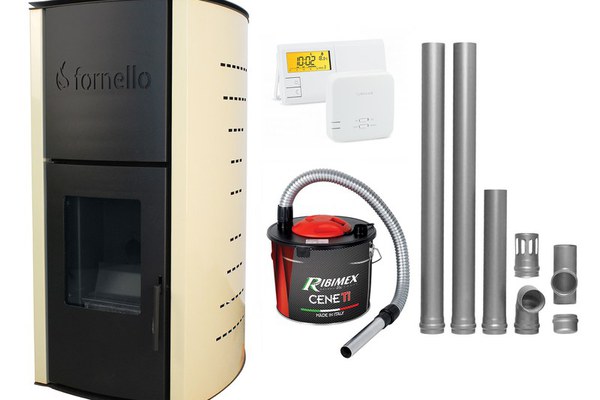 Pachet Termosemineu pe peleti Fornello Royal Ivory 18 kW, complet echipat cu pompa, vas expansiune, automatizare, culoare crem, kit evacuare 2.5 ml, Termostat Radio Comanda Salus 091FLRFV2 si Aspirator Cenusa