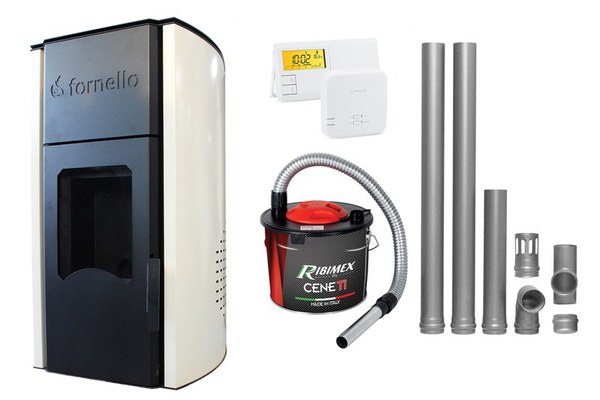 Pachet Termosemineu pe peleti Fornello Royal Ivory 25 kW, complet echipat cu pompa, vas expansiune, automatizare, culoare crem, kit evacuare 2.5 ml, Termostat Radio Comanda Salus 091FLRFV2 si Aspirator Cenusa