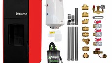 Pachet Termosemineu peleti Fiama Red 25 kw, complet echipat pentru incalzire, pompa circulatie, vas expansiune, automatizare, kit evacuare 3.5 ml, Boiler Termoelectric Fornello 100 l, Termostat Salus 091FLRFV2, Aspirator si kit montaj