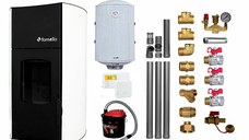 Pachet Termosemineu peleti Fornello Fiama Bianco 25 kw, complet echipat pentru incalzire, pompa circulatie, vas expansiune, automatizare, kit evacuare 3.5 ml, Boiler Termoelectric Fornello 100 l, Termostat Salus 091FLRFV2, Aspirator si kit montaj