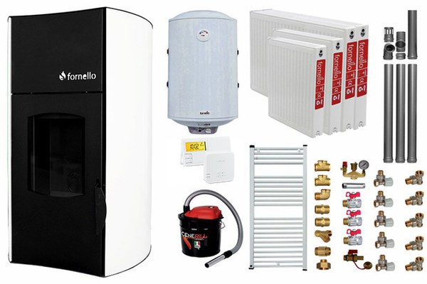 Pachet Termosemineu peleti Fornello Fiama Bianco 25 kw, complet echipat, pompa circulatie, teava hidronix, vas expansiune, automatizare, kit evacuare 3.5 ml, Boiler Termoelectric Fornello 100 l, Termostat Salus 091FLRFV2, Aspirator, Calorifere si kit