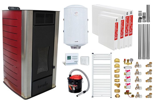 Pachet Termosemineu peleti Fornello Premium W22, 22 kw, Bordeaux, complet echipat, pompa circulatie, vas expansiune, automatizare, kit evacuare 3.5 ml, Boiler Termoelectric Fornello 100 l, Termostat Computherm Q3 RF, Aspirator, Calorifere si kit mon