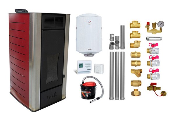 Pachet Termosemineu peleti Fornello Premium W22, 22 kw, culoare Bordeaux, complet echipat, pompa circulatie, vas expansiune, automatizare, kit evacuare 3.5 ml, Boiler Termoelectric Fornello 100 l, Termostat Radio Comanda Computherm Q3 RF, Aspirator C