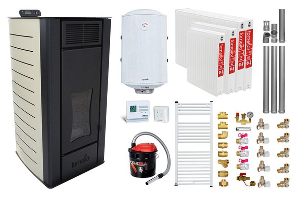 Pachet Termosemineu peleti Fornello Premium W22, 22 kw, culoare Ivory, complet echipat, pompa circulatie, vas expansiune, automatizare, kit evacuare 3.5 ml, Boiler Termoelectric Fornello 100 l, Termostat Radio Comanda Computherm Q3 RF, Aspirator, Cal