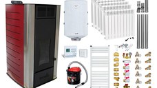 Pachet Termosemineu peleti Fornello Premium W22, 25 kw, culoare Bordeaux, complet echipat, calorifere aluminiu, pompa circulatie, vas expansiune, automatizare, kit evacuare 3.5 ml, Boiler Termoelectric Fornello 100 l, Termostat Radio Comanda Computhe