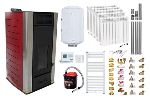 Pachet Termosemineu peleti Fornello Premium W22, 25 kw, culoare Bordeaux, complet echipat, calorifere aluminiu, pompa circulatie, vas expansiune, automatizare, kit evacuare 3.5 ml, Boiler Termoelectric Fornello 100 l, Termostat Radio Comanda Computhe