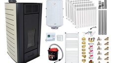 Pachet Termosemineu peleti Fornello Premium W22, 25 kw, culoare Ivory, complet echipat, calorifere aluminiu, pompa circulatie, vas expansiune, automatizare, kit evacuare 3.5 ml, Boiler Termoelectric Fornello 100 l, Termostat Computherm Q3 RF, Aspirat