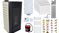 Pachet Termosemineu peleti Fornello Premium W22, 25 kw, culoare Ivory, complet echipat, calorifere aluminiu, pompa circulatie, vas expansiune, automatizare, kit evacuare 3.5 ml, Boiler Termoelectric Fornello 100 l, Termostat Computherm Q3 RF, Aspirat