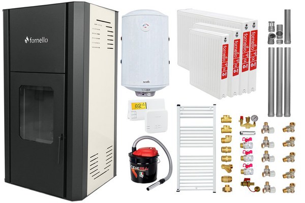Pachet Termosemineu peleti Fornello Primo Pellet 25 kw, complet echipat, pompa circulatie, vas expansiune, automatizare, kit evacuare 3.5 ml, Boiler Termoelectric Fornello 100 l, Termostat Salus 091FLRFV2, Aspirator, Calorifere si kit montaj